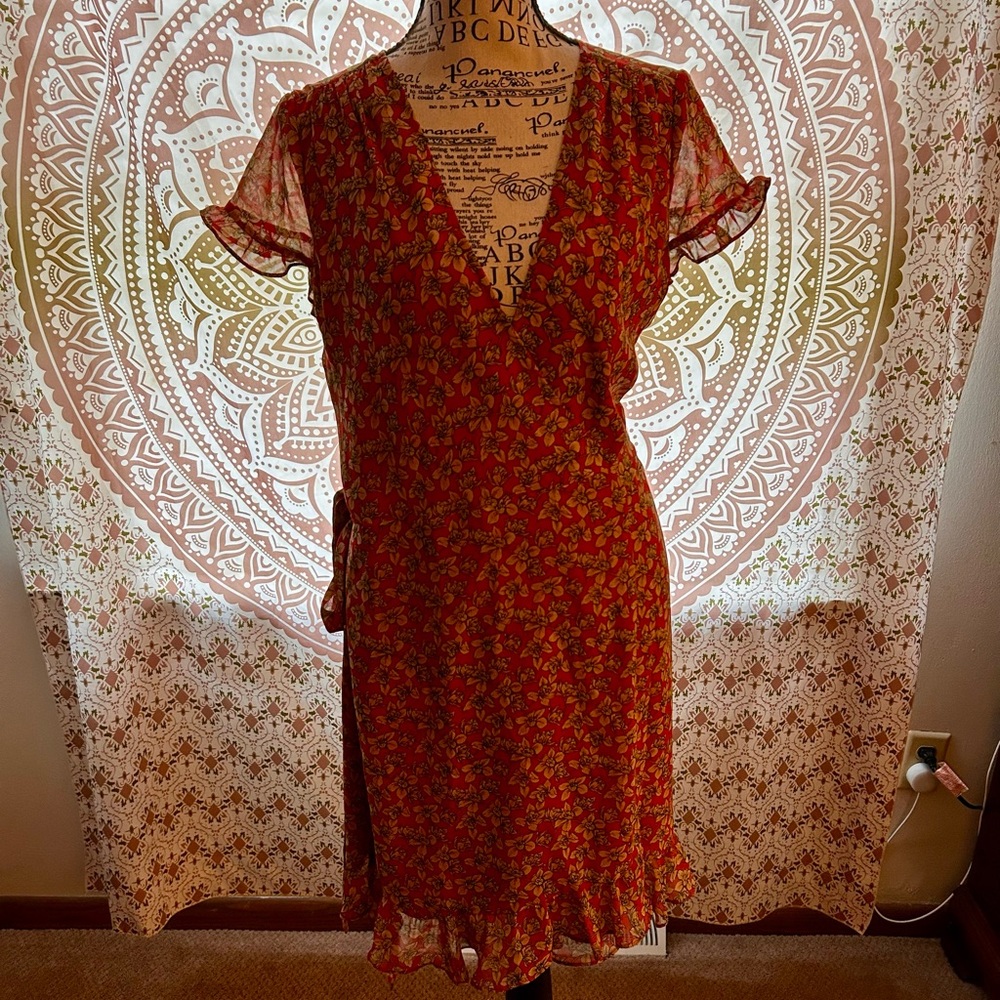 Rebecca Minkoff Red Floral Wrap Dress | Flutter Sleeve Tie Waist | Size S